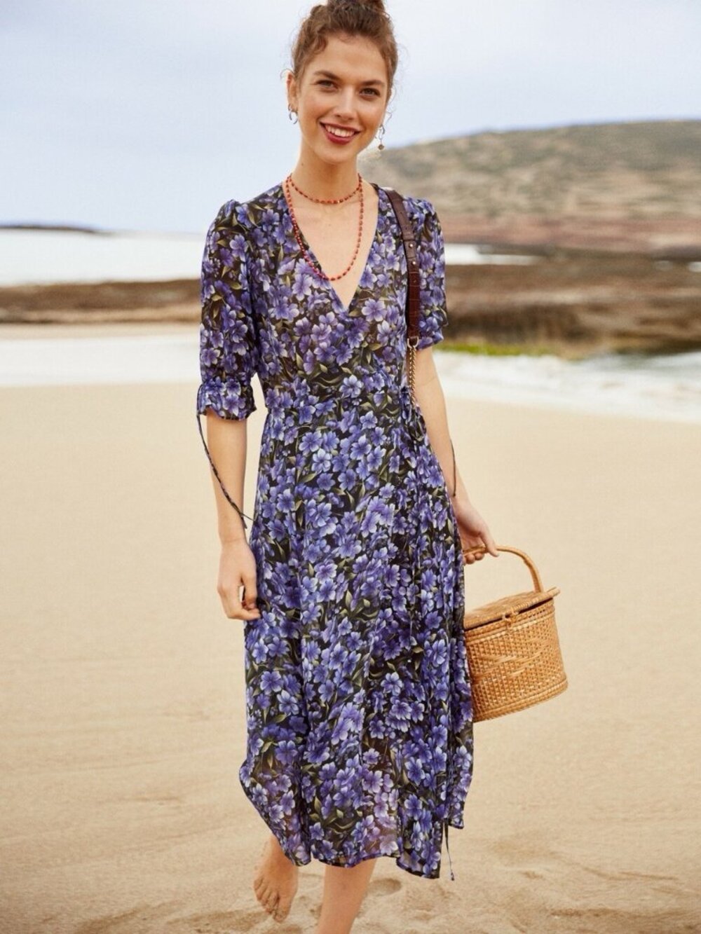 The Kooples Women Size Small Purple Black Floral Hortensia Silk Wrap Midi Dress - Picture 4 of 13